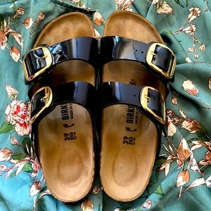 Birkenstock Arizona Big Buckle Black Patent Leather Gold Size 39 Narrow Fit